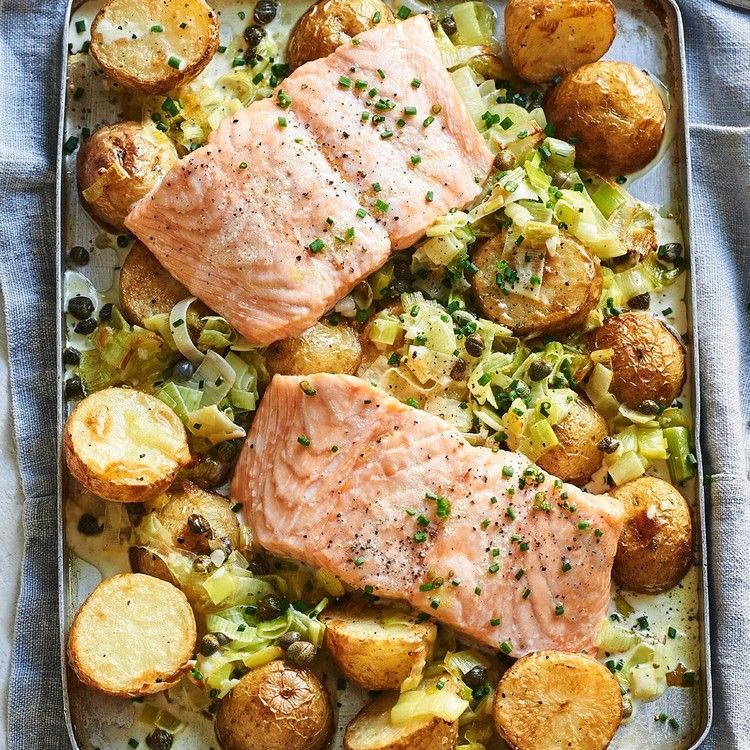 Creamy salmon leek and potato bake